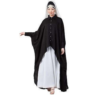 Designer Shirt style Kaftan with inner abaya- Black-White